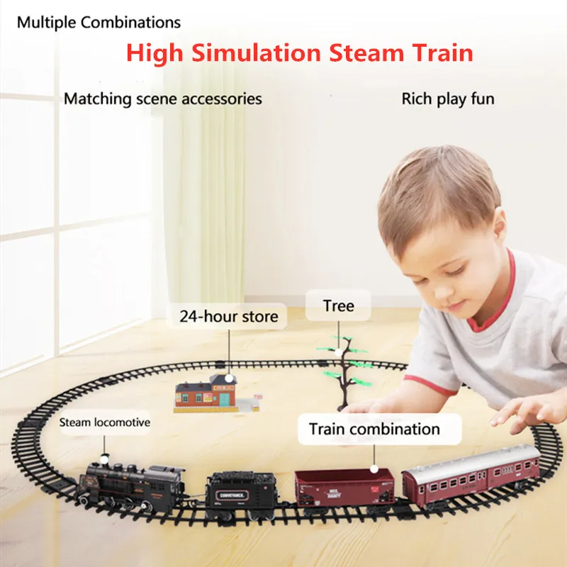 

High Simulation Smoking Steam Train Train With DIY Assembly Building Block Railway Brain Game Toy Sound Lights Spray Steam Toys