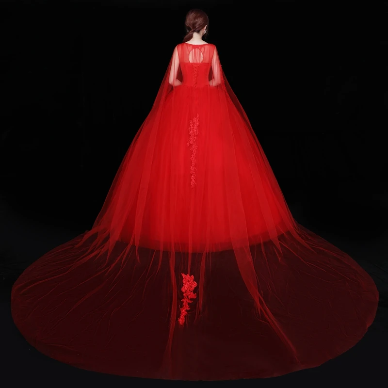 2019 Nuovo Semplice Modo di Pizzo Rosso O-Collo Abito Da Sposa per Le Spose Size 2-26W Abito Da Sposa A Buon Mercato Abito de Mariage Con Scialle Lungo 30