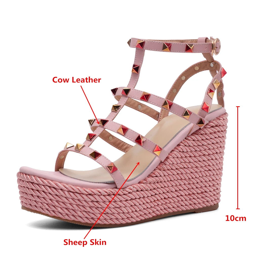 Orignice Brand Design Women Cow Leather Sandals Platform Wedges Buckle Strap Rivet Fashion Street Summer Shoes Handmade For Lady