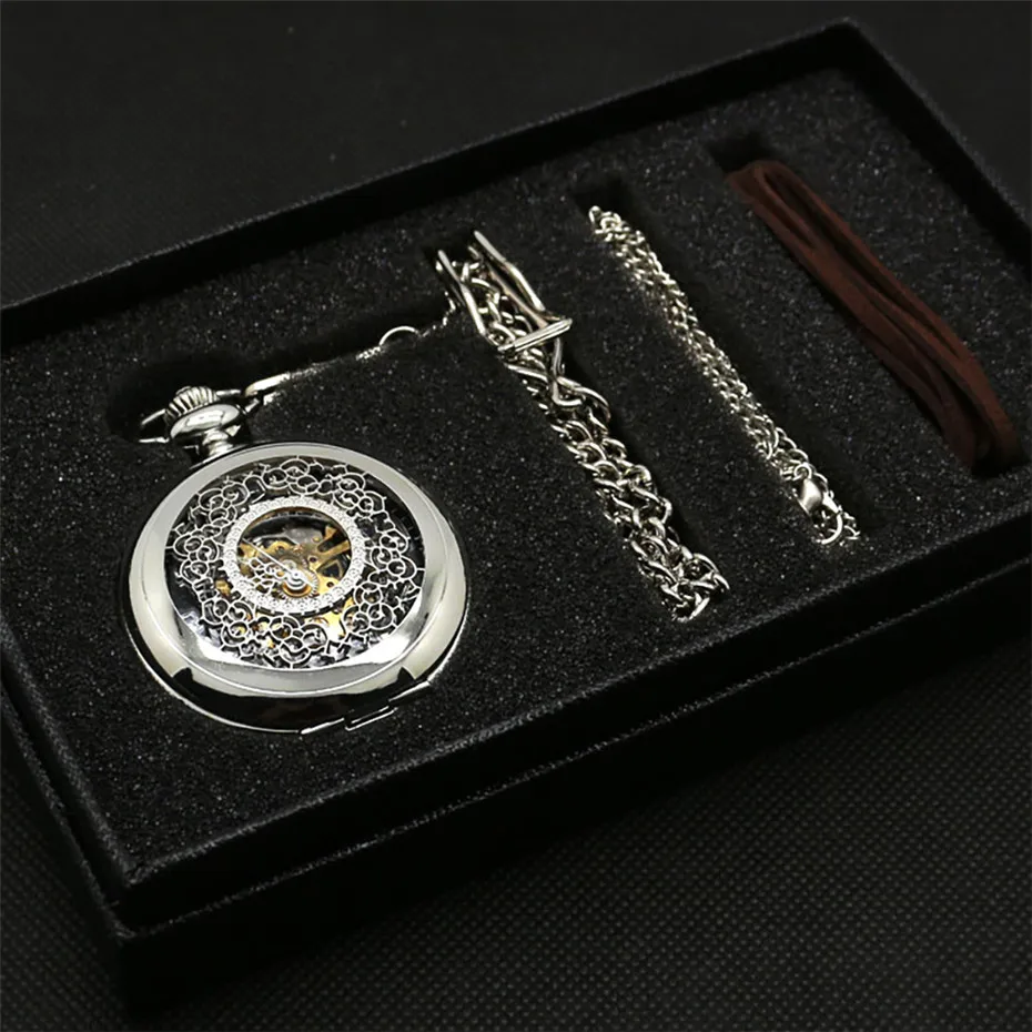 

Antique Mechanical Pocket Watch Hand-Winding Hanging Pendant Clock with Necklace Chain+Leather Chains Present Sets for Men