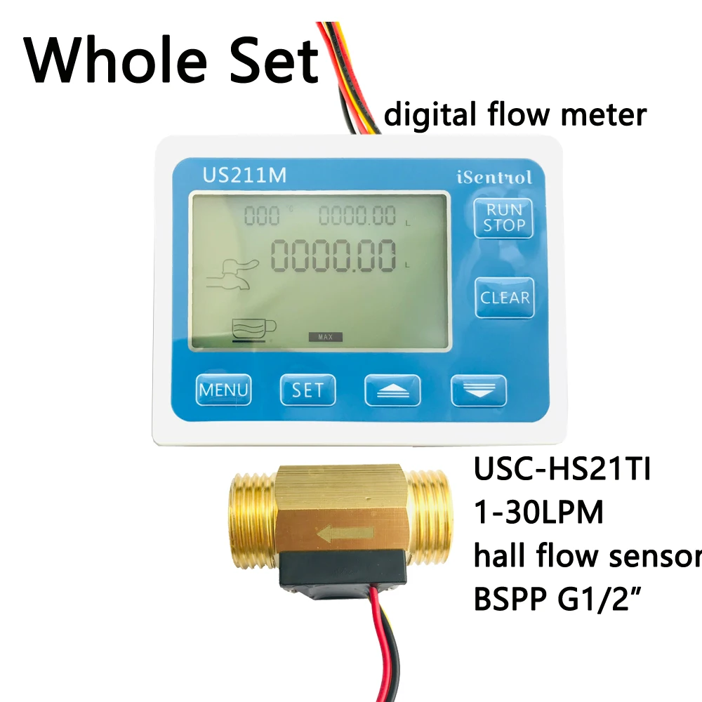 US211M Water Flow Meter Digital Hall Water Flow Sensor Reader with Brass USC-HS21TI 1-30L/min hall water Flow Meter turbine