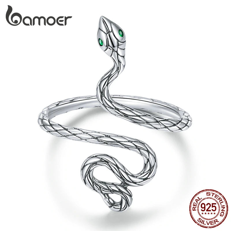 Bamoer 925 Sterling Silver New Retro Dark Punk Snake Open Ring Curved Snake Adjustable Ring Jewelry Gift Bijoux BSR199