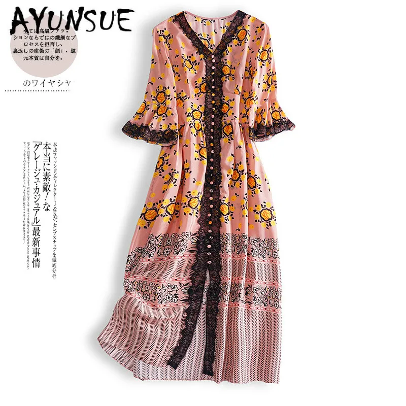 

Real Silk Dress Women Spring Summer Dress Korean Fashion Print Midi Dress Elegant Vintage Party Dress Vestido Mujer 3435 YY2641
