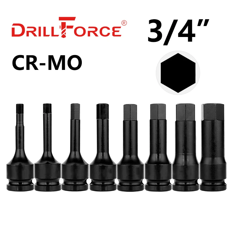 

Drillforce 3/4" Drive Impact Hexagon Socket Bit Wrench Pneumatic Adapter Repair Tools H12/H14/H17/H19/H21/H22/H24/H27/H30/H32