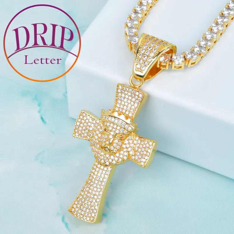 Lion Head Crown Cross Pendant Charm Gold Color Cubic Zircon Men's Hip Hop Necklace Rock Jewelry