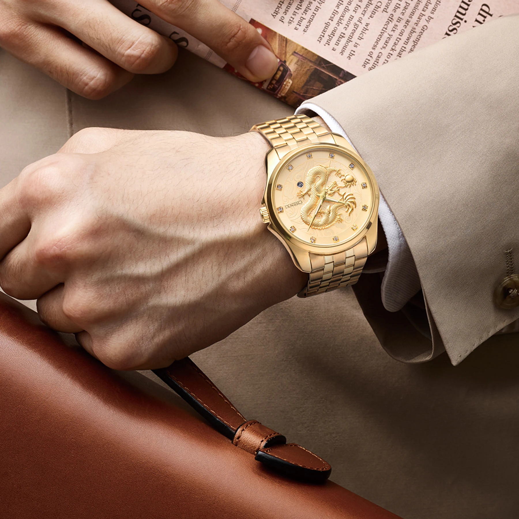 CHENXI Golden นาฬิกาควอตซ์ผู้ชายแบรนด์หรูนาฬิกาอะนาล็อกชายสแตนเลสนาฬิกากันน้ําแฟชั่นนาฬิกาข้อมือ Man