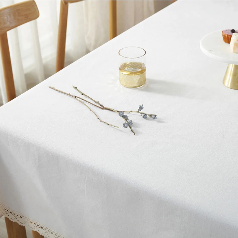 Soild Tablecloth with White Lace Elegant Rectangle Tablecloth Cotton Linen Table Cloth for Home Dinner Tea Table Cover