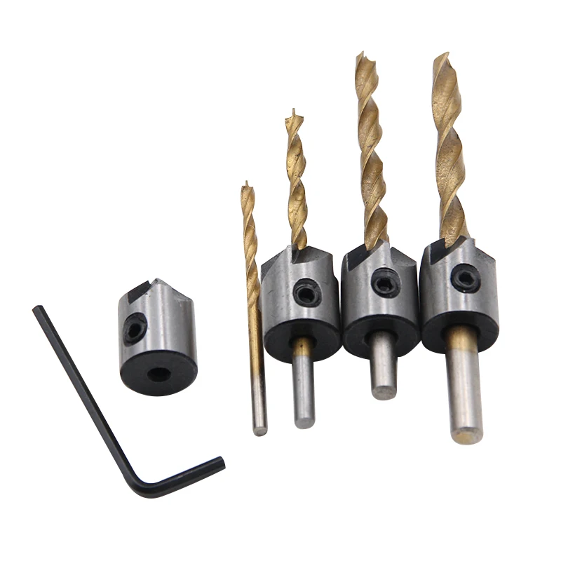 4PC HSS 3-4-5-6mm titanium plated three point woodworking countersunk drilling and wrench