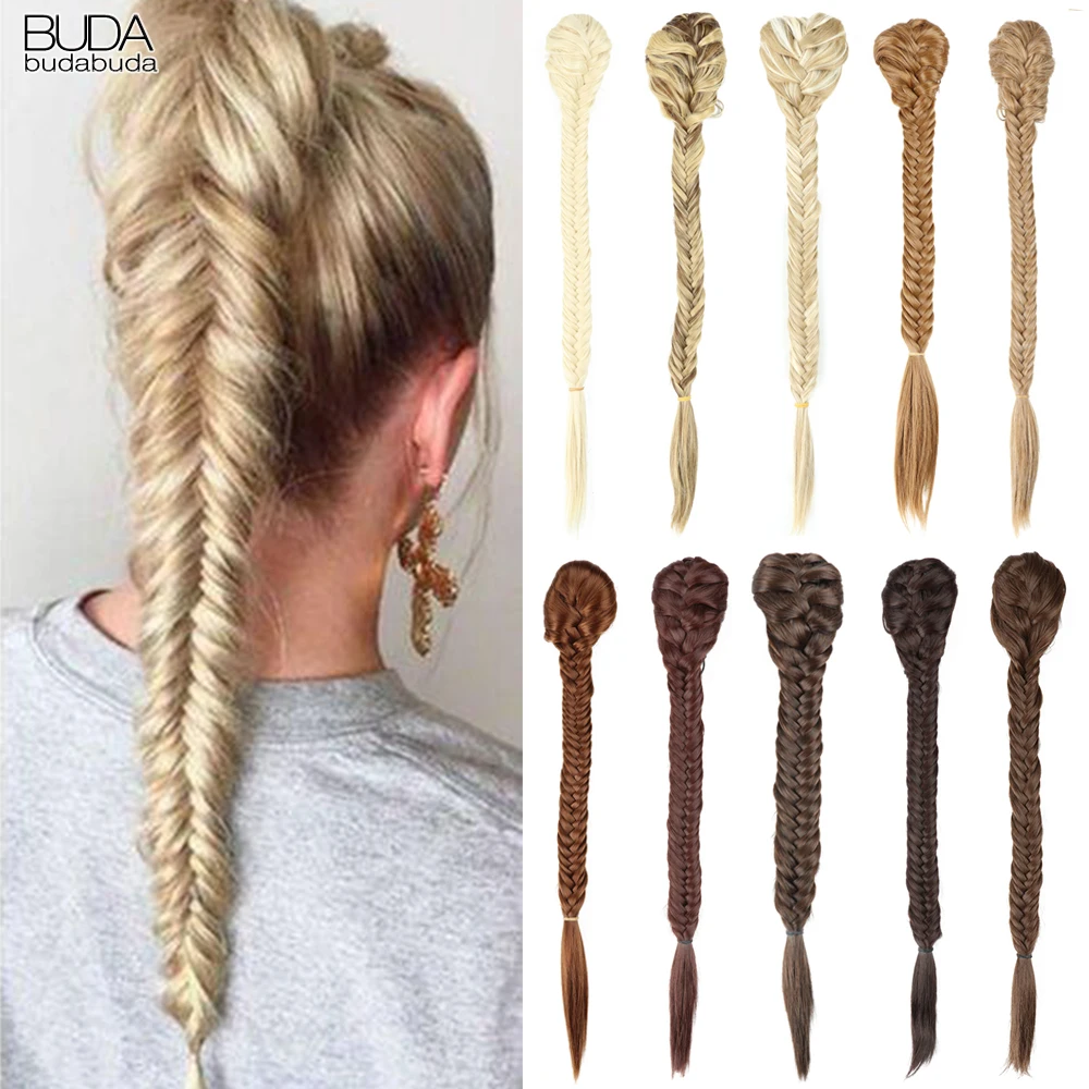 Synthetic Braided Plaited Fishtail Fishbone Drawstring Ponytail 20Inch Long Ombre Blonde Pink Hair Extensions For White Women