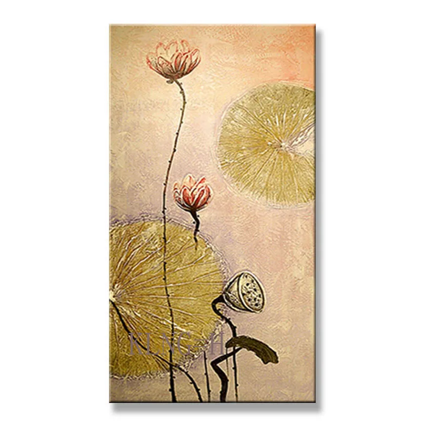 

100% Handmade acrylic paintings flowers Lotus oil painting on canvas wall art picture for parlour Entrance porch no framed