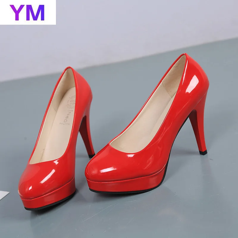 Plus Size 33-43 Women Dress Shoes Round Toe Thin Heeled Pumps Slip-On High Heels Patent Leather Wedding Ladies Zapatos Mujer