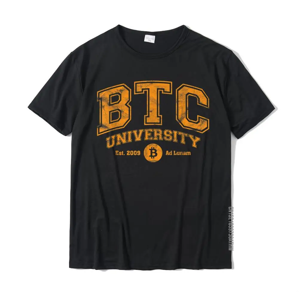 BTC University To The Moon Funny Distressed Bitcoin College T-Shirt Fitted Normal T Shirts Cotton Mens Tees Custom