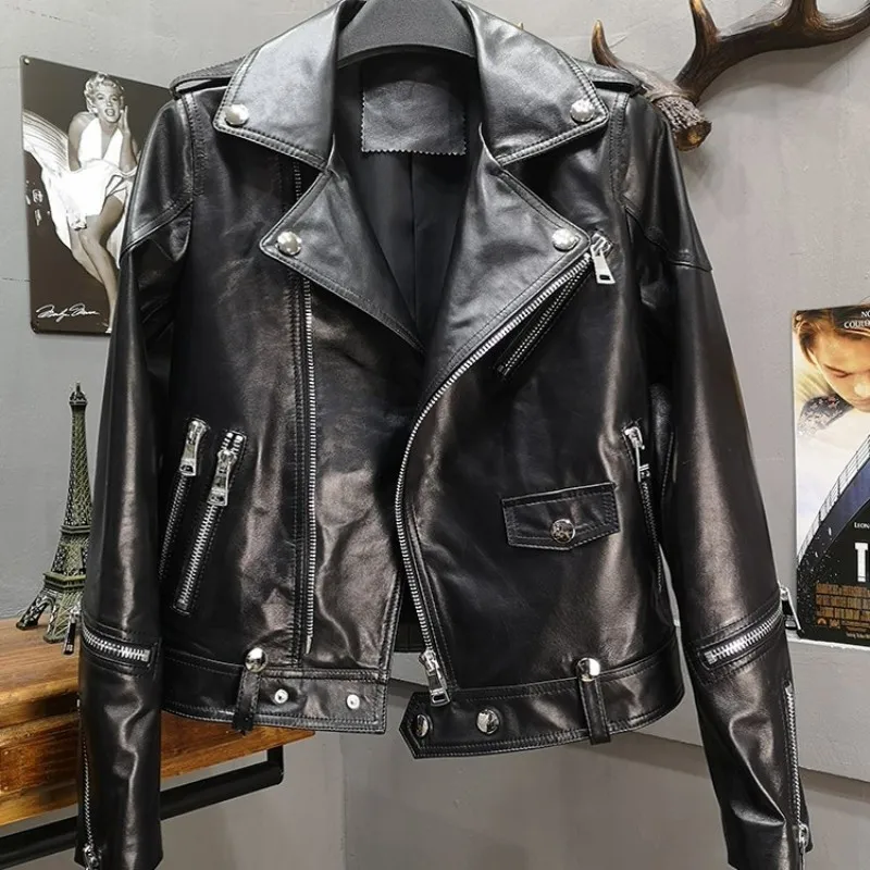 New Motorcycle Female Sheepskin Leather Jacket Women Short Zippers Punk Genuine Leather Jacket Rock Stage Outerwear Coats