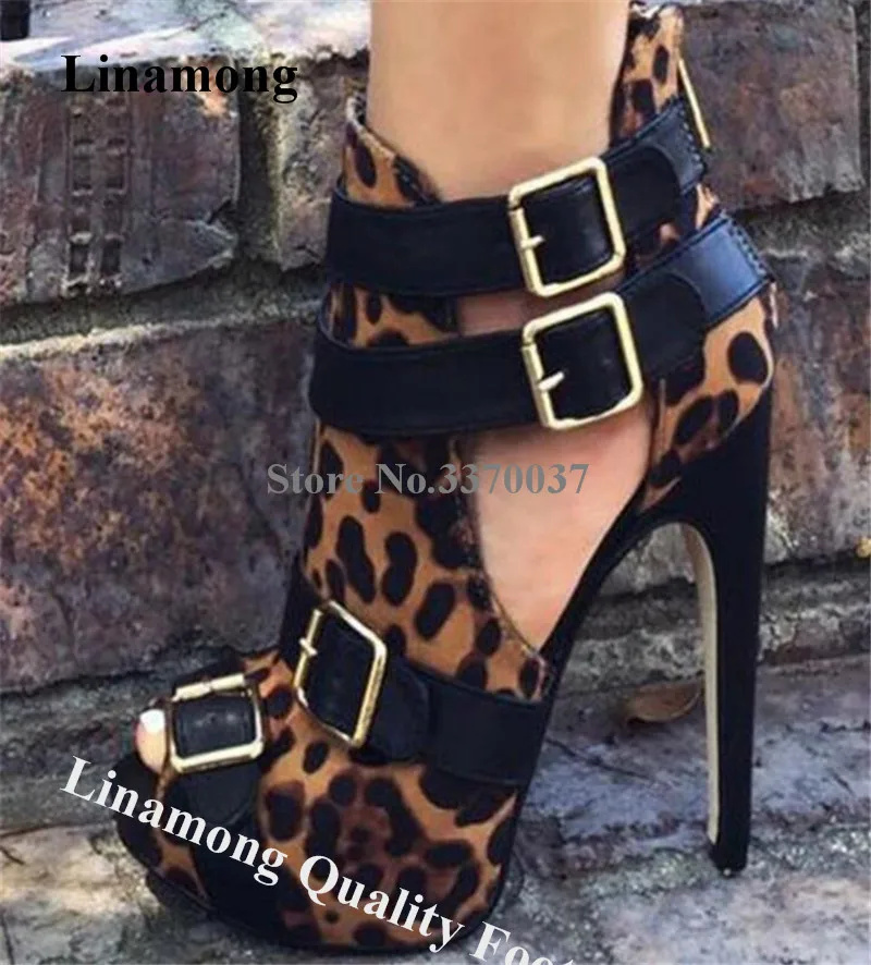 

Linamong Western Fashion Leopard High Platform Stiletto Heel Pumps Suede Leather Buckles Straps Cut-out High Heels Dress Shoes