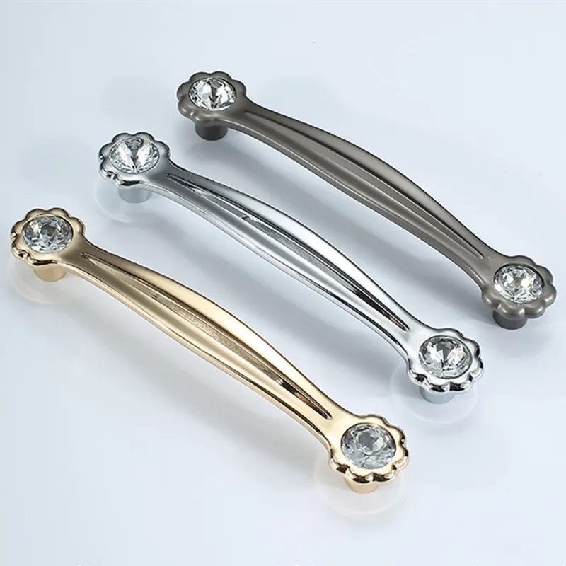 KK&FING European Diamond Crystal Handle Bright Gold Flower Type Zinc Alloy Kitchen Cabinet Handles Cupboard Door Pulls Hardware