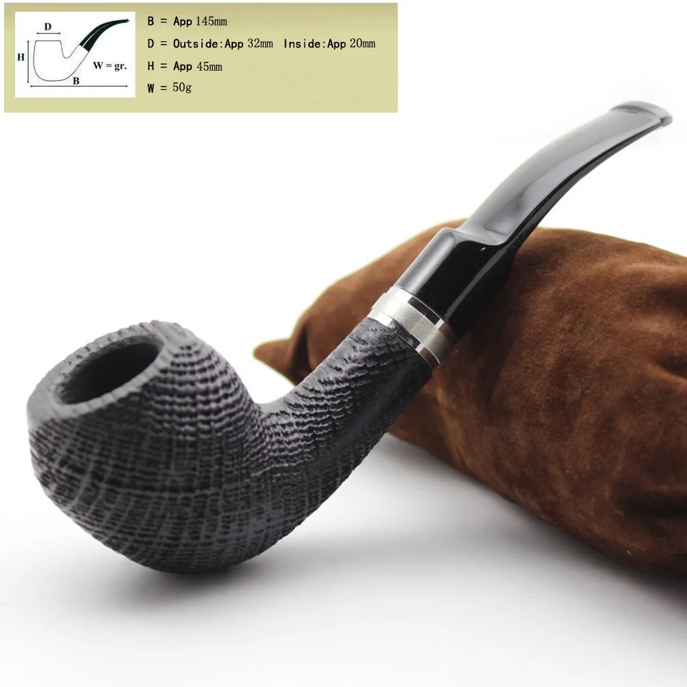 Vintage Natural Bog Oak Wood Tobacco Smoking Pipe Handmade Sandblast Wooden Bowl Silver Plated Ring Pipes Set With 9mm Filters