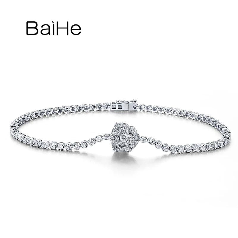 

BAIHE Solid 18K White Gold 1.25ct H/SI Full Cut Natural Diamond Flower Bracelet Women Wedding Trendy Fine Jewelry pulseras mujer