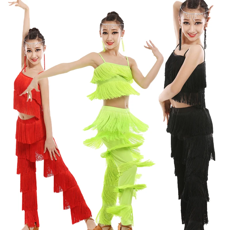 Tassel latin dance dress for girls latin salsa children ballroom skirts dresses samba tango cha cha kids Velvet fringe costume