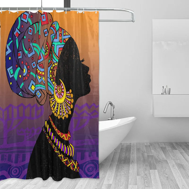 Drop Shipping Waterproof Shower Curtain African Women Bathroom Decor Curtain 100% Polyester Fabric Bath Curtain With 12 Hooks