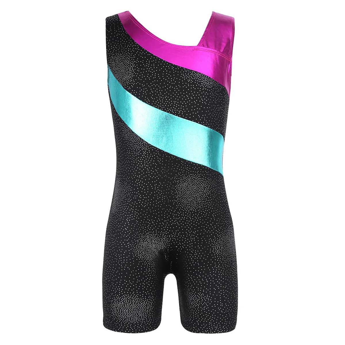 

Kids Girls Figure Ice Skating Costume Sleeveless Glittery Splice Ballet Dance Gymnastics Leotard Jumpsuit Unitard Dancewear