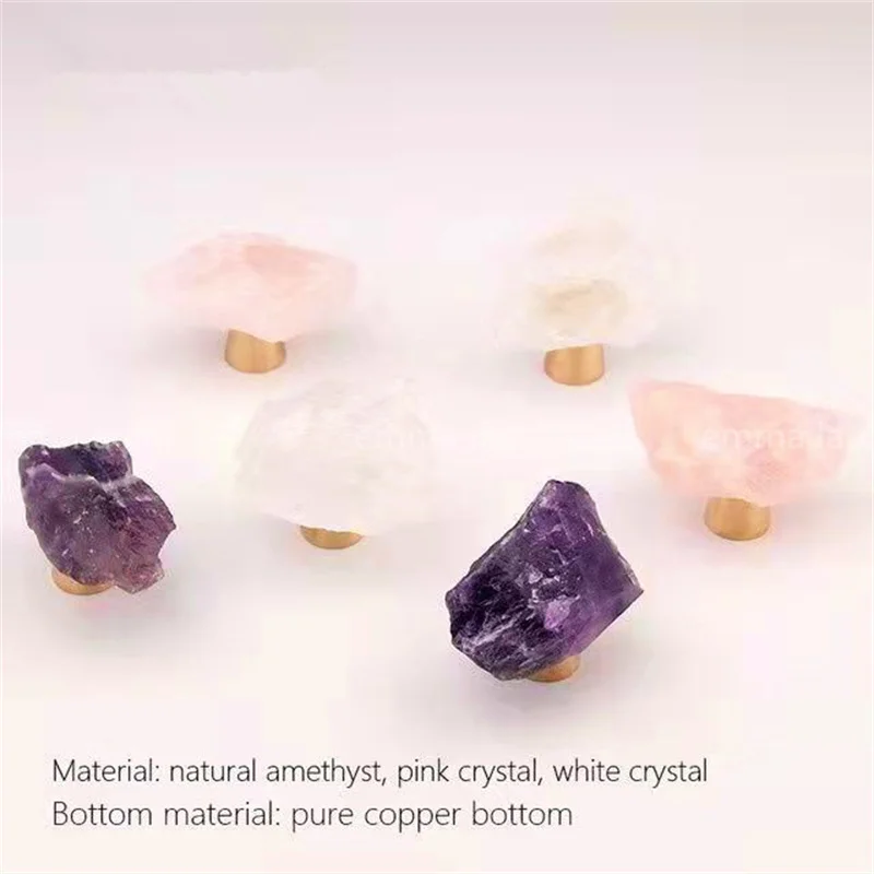 New Natural Rough Fluorite Stone Knob and Handle Brass Base Drawer Kitchen Cupboard Closet Door Knobs Clear Crystal Handles