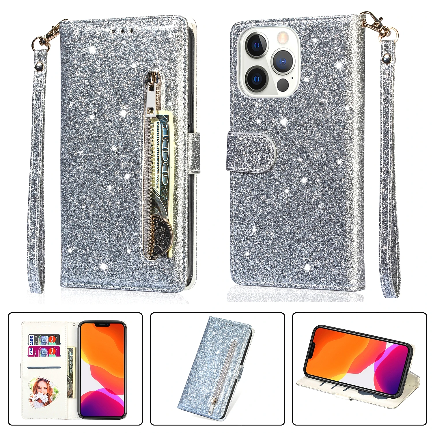 Reißverschluss-Flip-Brieftaschen-Hülle aus Glitzerleder für iPhone 18 17 16 15 14 13 12 11 Pro Max XS XR 8 7 Plus SE 16E Mini Bling Handyhülle – Detail 8