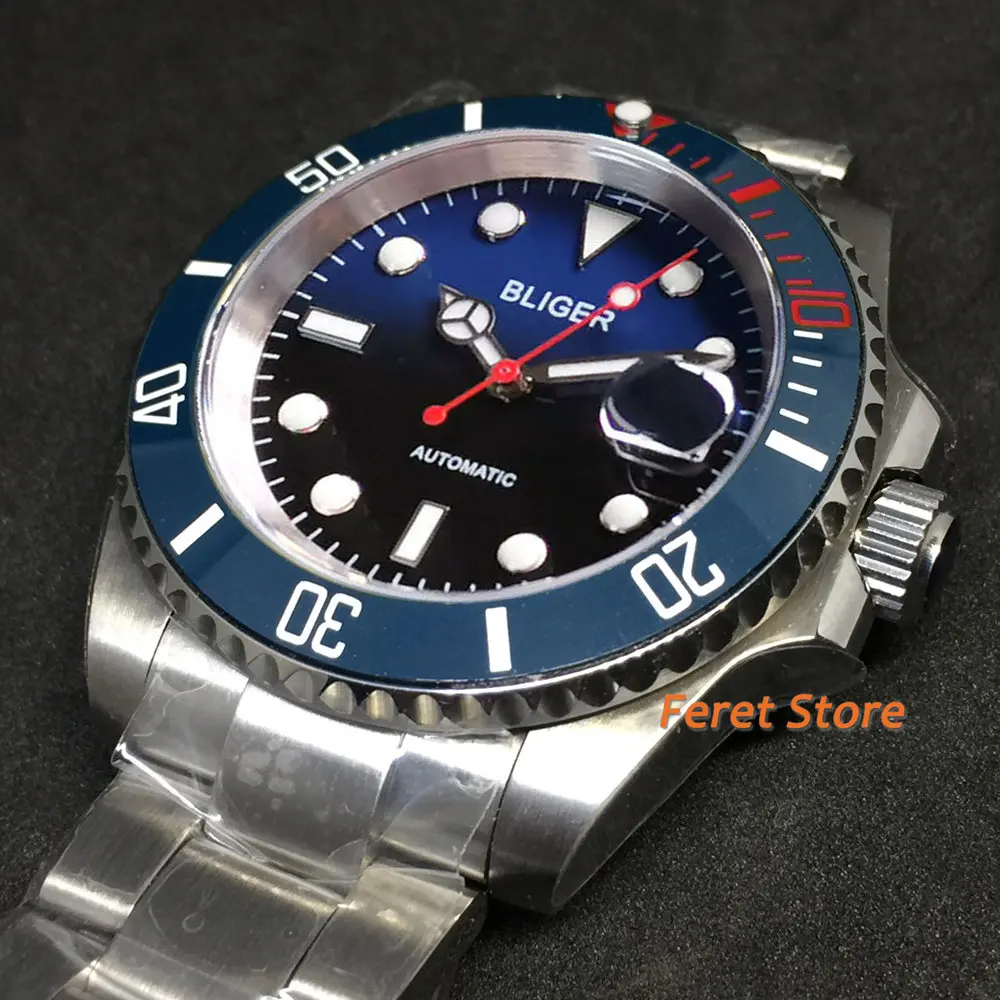 BLIGER New 40mm Men's Watch Blue Black Gradient Dial Matte Strap Red Hand Sapphire Glass NH35 Automatic Wristwatch