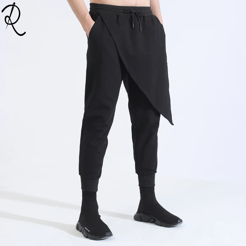 Men's autumn wear dark personality irregular geometry false two pieces of patchwork casual pants men