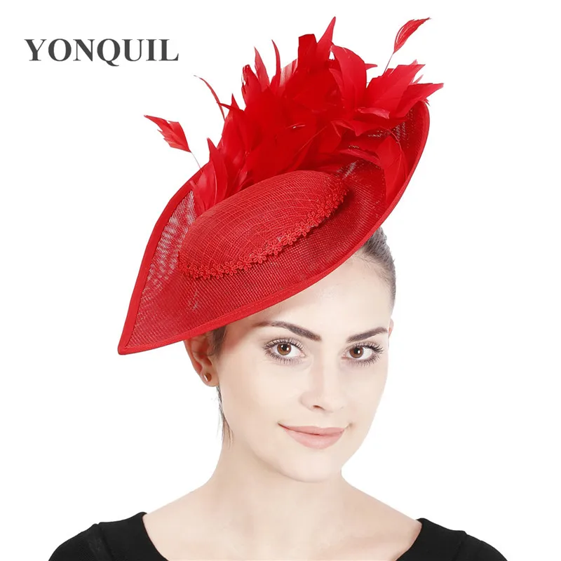 Red Fascinators Hats Vintage Headpiece Women Big Derby Headband Ladies Wedding Headwear Bride Occasion Hair Accessories