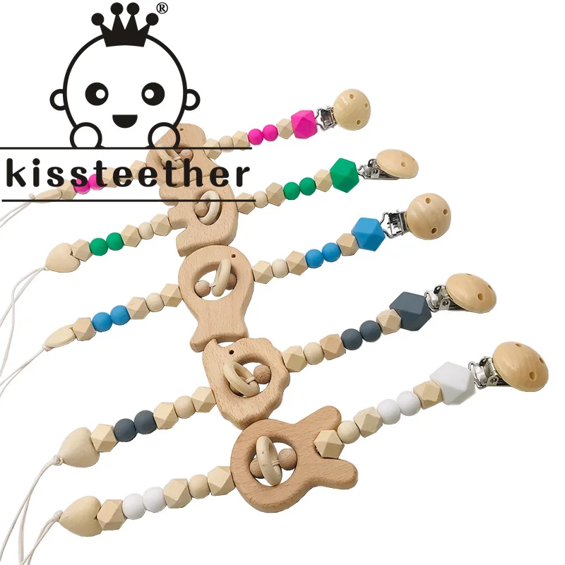 Kissteether 1pcs Food Grade Wooden Animal modeling Pacifier Chain Children Training Toys Baby  Teethers DIY Crafts