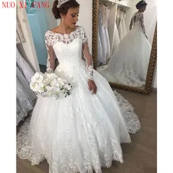 Elegant Scoop Neck Long Sleeve Ball Gown Wedding Dress With Lace Appliques vestido de noiva Wedding Bridal Gowns robe de mariee