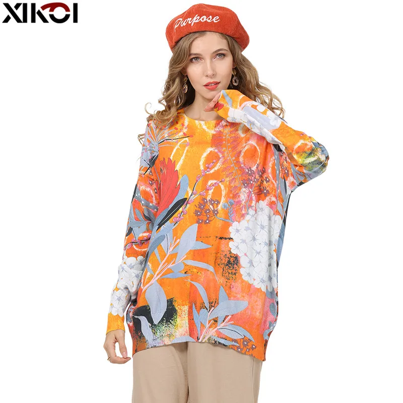 XIKOI Fashion Print Sweater For Women Winter Oversized Pullover Autumn Long Sleeves O-Neck Jumper Knitted Pull Femme Plus Size