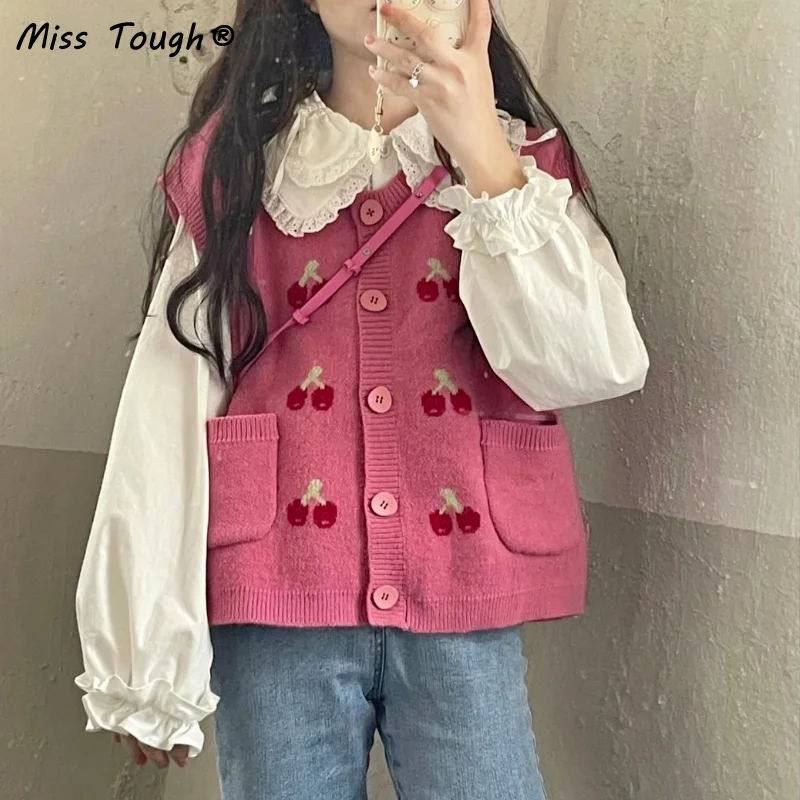 Autumn Pink Knitted Sweater Cardigan Women Print Cherry Kawaii Sweater Coat Korean Fashion Sleeveles Cute Knitwear Sweater 2022