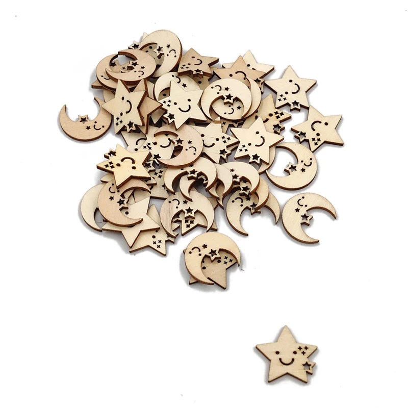 20pcs Unfinished Wood Pieces Wooden Cutouts Star and Moon Shape Wood Slices for DIY Art Crafts Decoration, Painting Staining