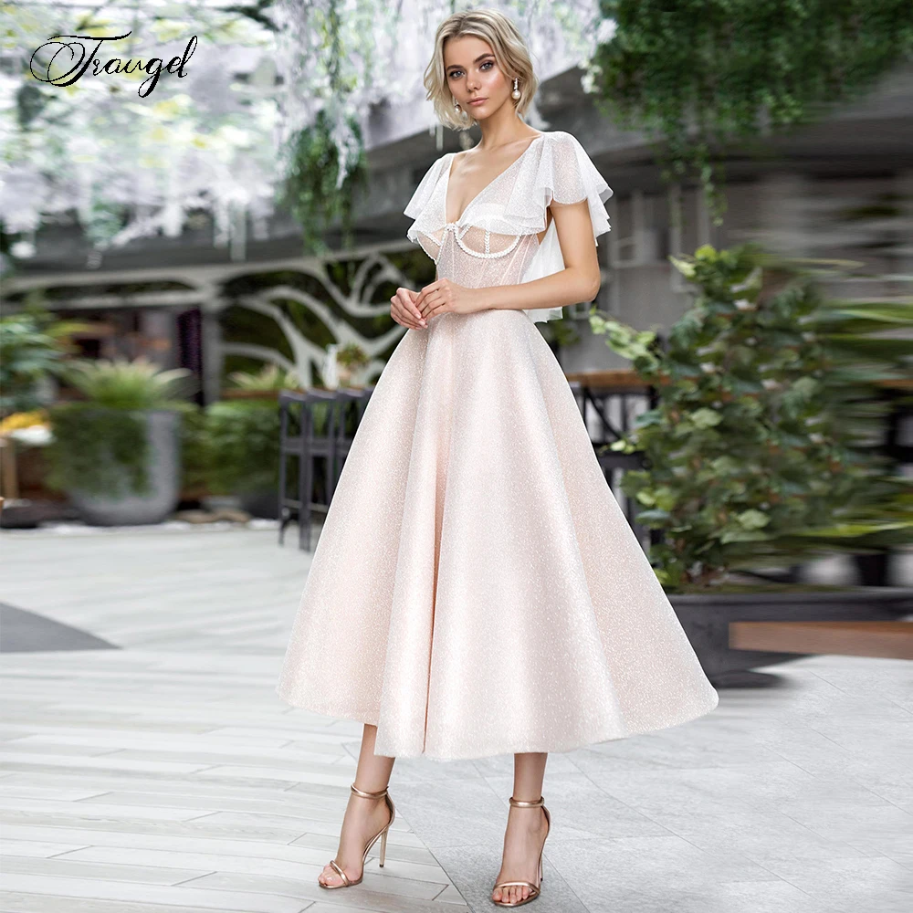 Traugel Demure V-Neck A Line Tea-Length Cocktail Dresses Glitter Applique Cap Sleeve Backless Short Lace Prom Evening Party Gown