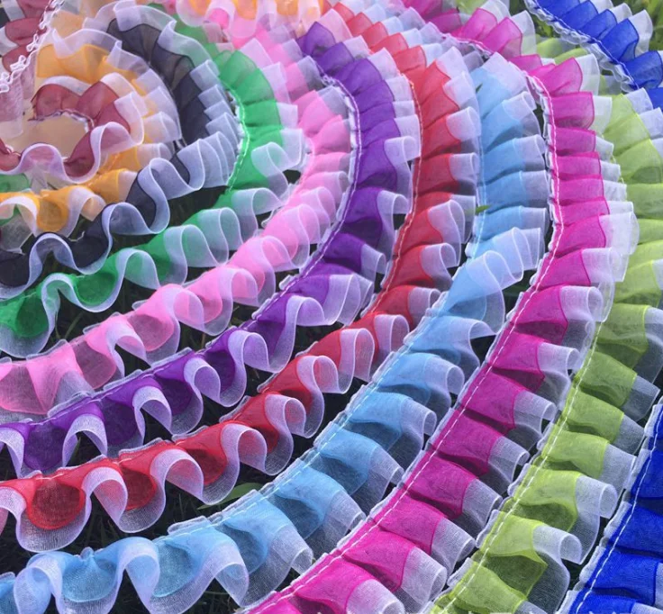 

20 ярдов 2,5 см плиссированная кружевная отделка с рюшами и лентой, юбка с кукольным воротником, шитье одежды, розовый, красный, зеленый, синий цвет