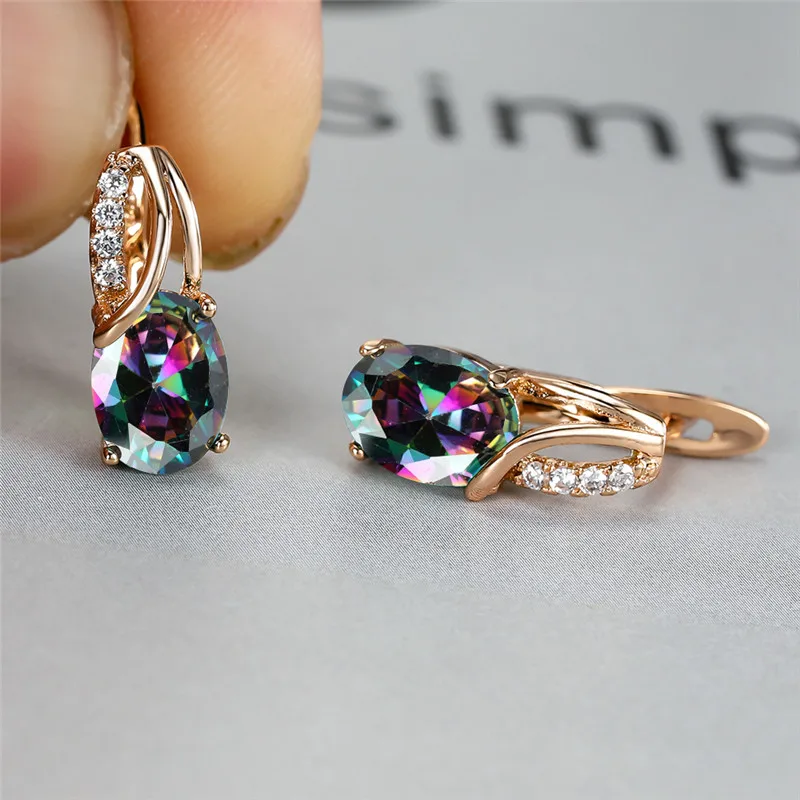 Women's Aqua Blue Zircon Oval Stone Hoop Earrings, Boho Style