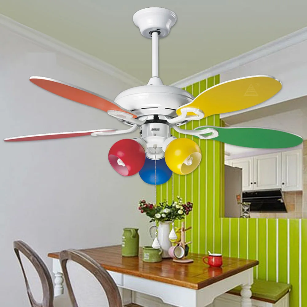 Modern Kids Ceiling Fan with Light 5 Multi-Color Blades Pull Chain Control Colorful Chandelier Fan Lamp for Children Room