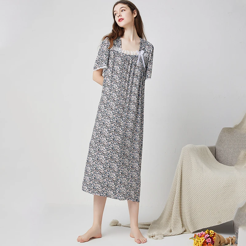 New Summer Womens Nightdress Cotton Lace Short Sleeve Floral Printed Sleepdress Casual Home Clothing for Women Spring Nightgown