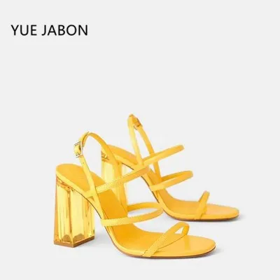 Yellow Women Summer Sandals Ankle Strap Women High Heels Transparent Heel Sandals Women 2024 Thick Heels Shoes Female Open Toe