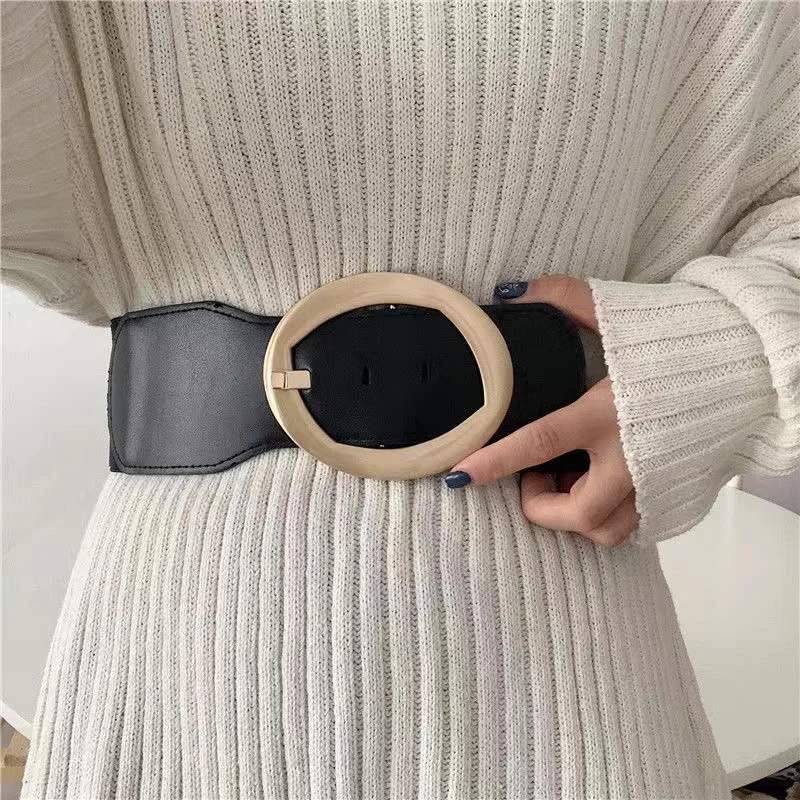 Personalized Fashion Ladies Elastic Black Girdle Gold Alloy Pin Buckle Belt All-Match Down Jacket Sweater Accessory Waistband