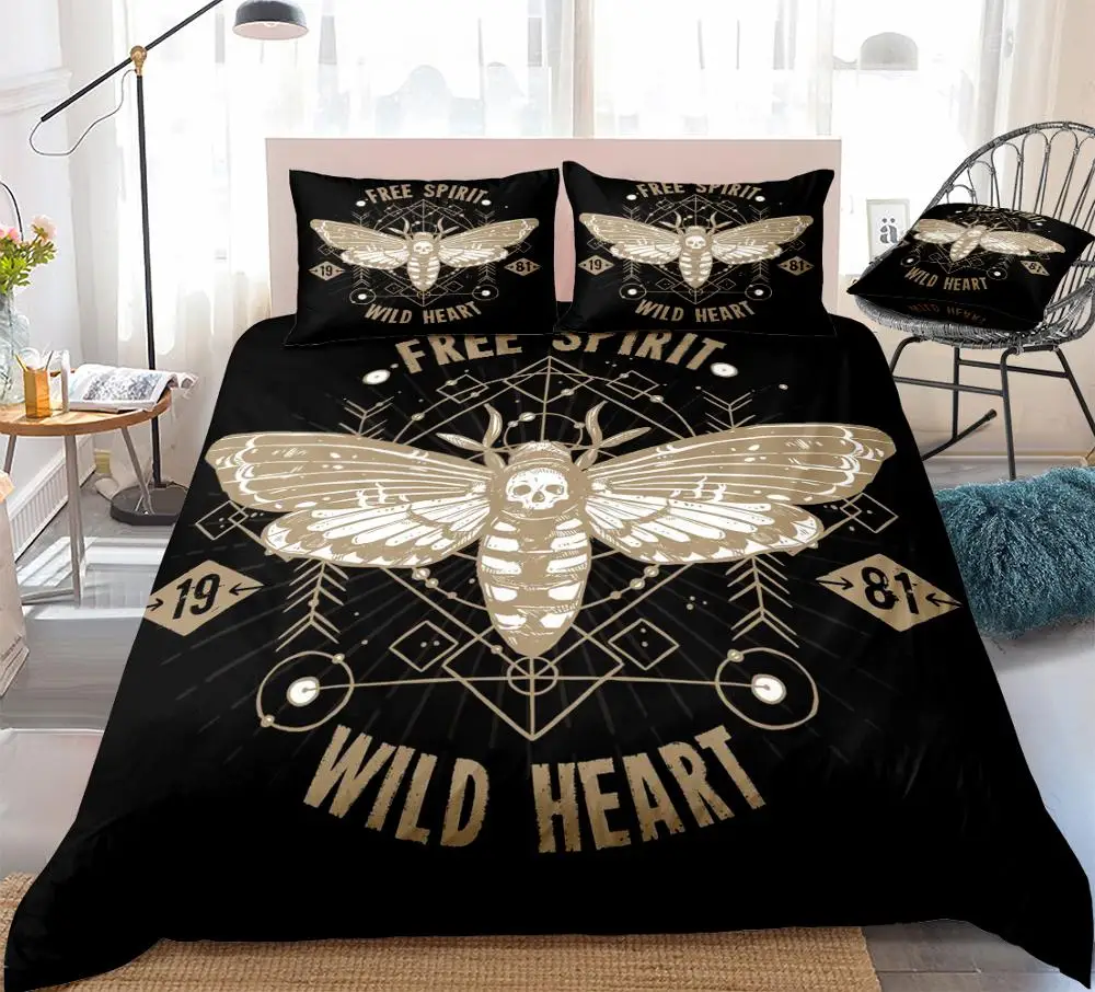 Butterfly Bedding Set Gothic Style Duvet Cover Set Black Skull Home Textile Queen King Occult Cool Bedclothes