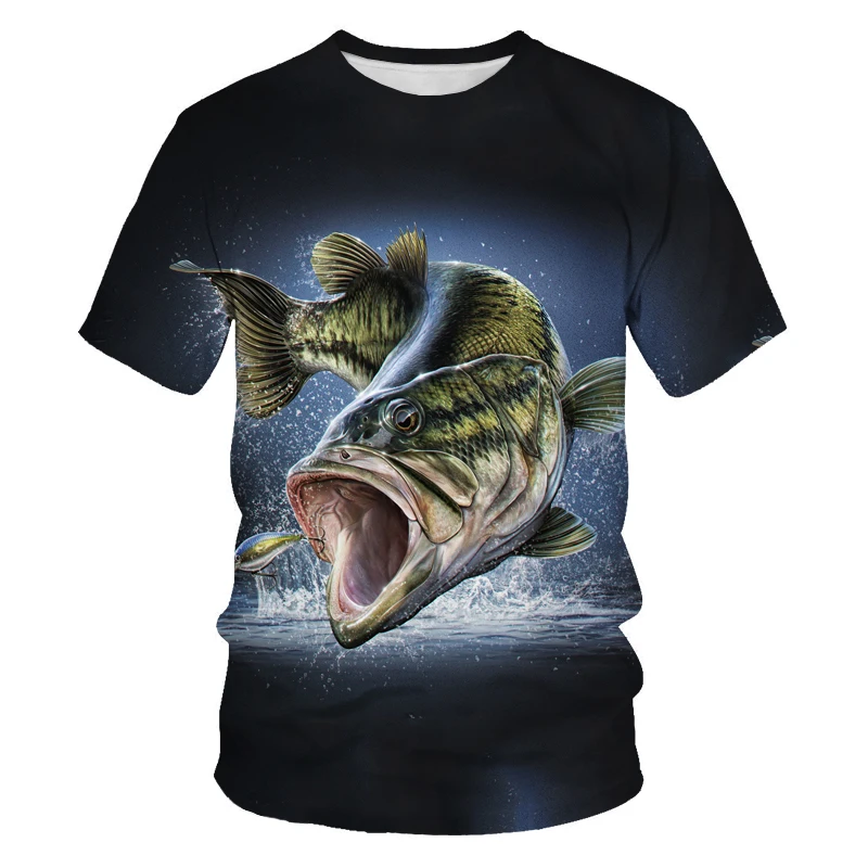 Men 3D Print T-shirt Big Fish Eat Small Fish Pattern Weekend Leisure Fishing T-shirt Short-sleeved O-neck Oversized Tshirt