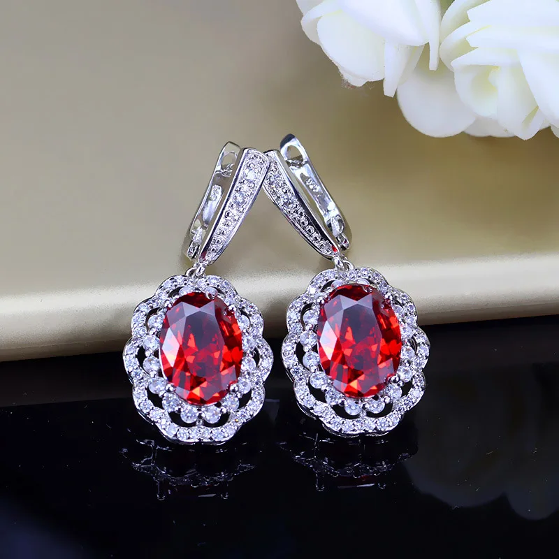 Turkish Red Garnet Big Oval Cubic Zirconia Paved Silver 925 Hanging Earrings Women Wedding Jewelry Dropshipping
