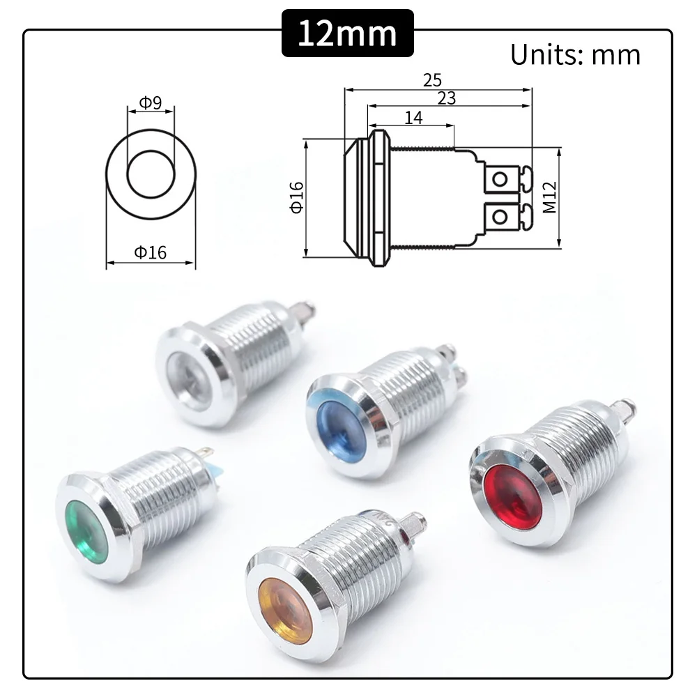 12mm LED Metal IndicatorLight Signal Lamp Pilot Lamp Flat Head 6V 12V 24V 220v Wire Red Yellow Blue Green White