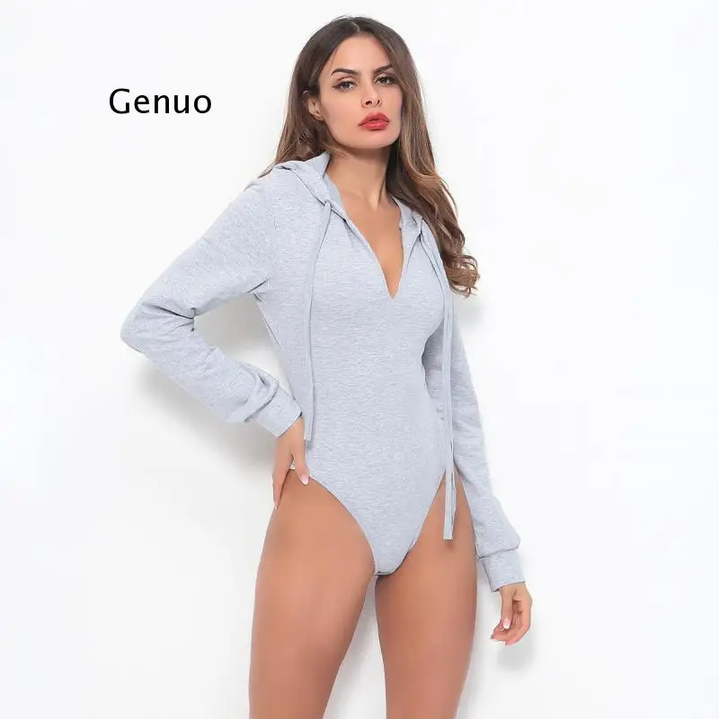 

Women Solid Color Jumpsuit Long Sleeve Sexy Nightwear Hooded Jumpsuit Bodysuit Playsuit Romper Loungewear
