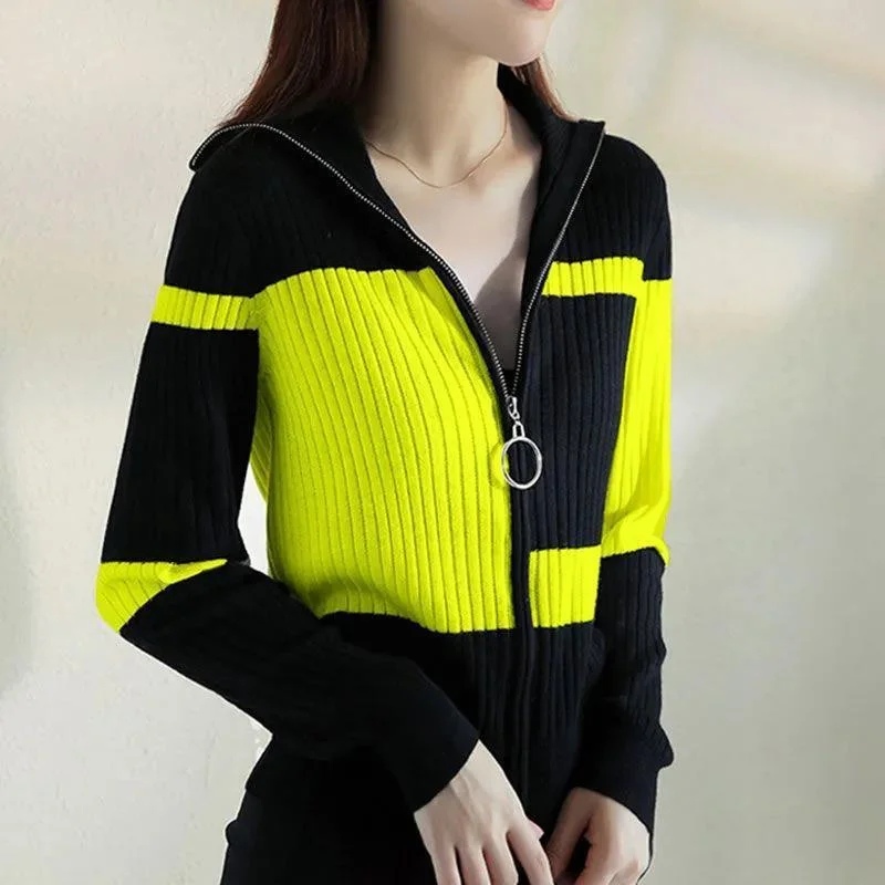 Women Knitted Sweater Jacket 2021 Female Autumn Wint Erstriped Slim Slimming Fashion Simple Contrast Color Zipper Cardigan A792