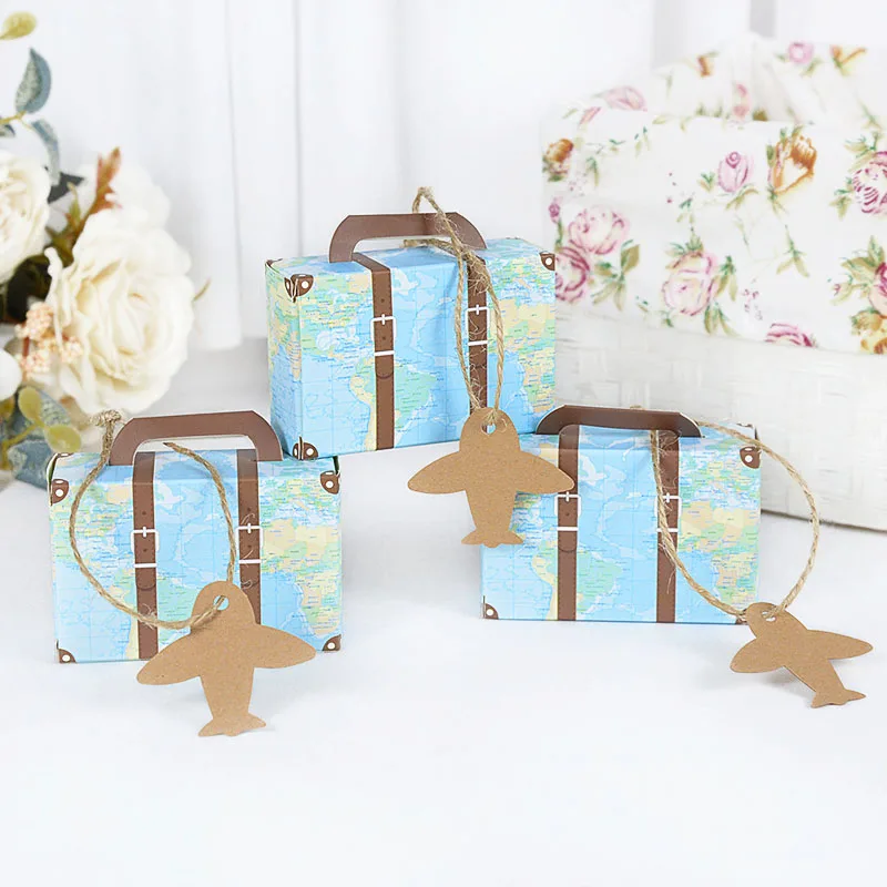 10pcs Mini Suitcase Candy Box Travel Map Classic Theme Gift Box Compass Pendant For Wedding Birthday Favor Present Boxes Packing