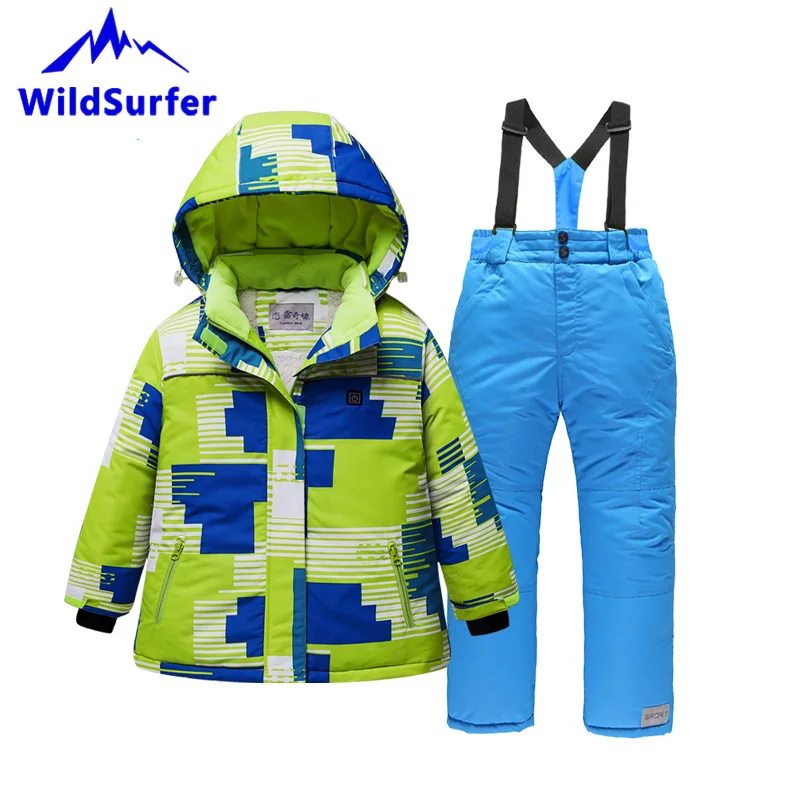 USB Heating Kids Skiing Suits Winter Boys Girls Windproof Keep Warm Ski Jackets and Pants Child Snowboard Suits Children W306