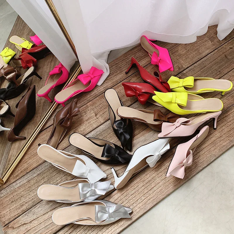 Tip-toed high-heeled bow slippers for women in summer wearing thin-heeled Baotou semi-slippers for women\'s shoes in 2019